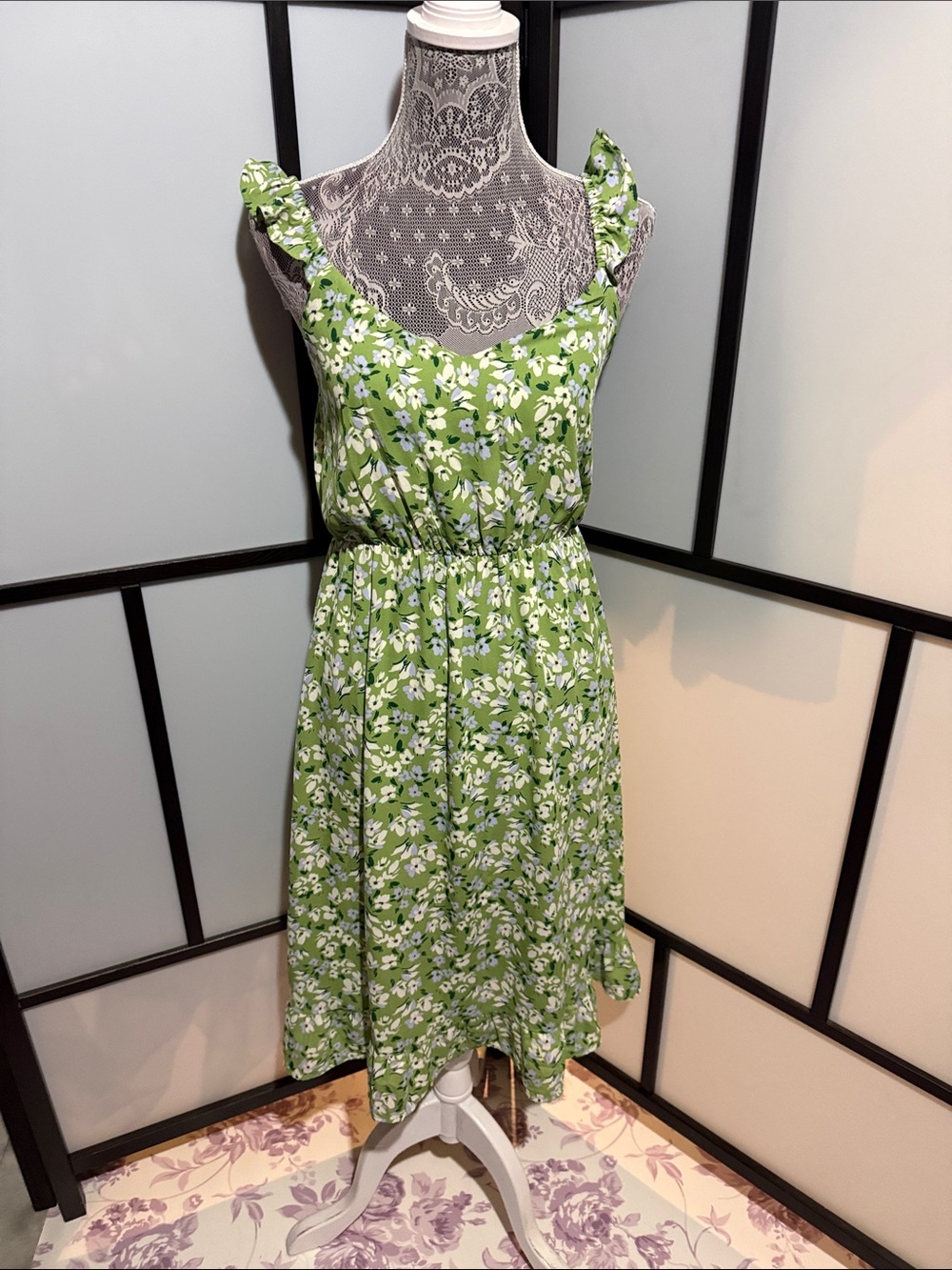 Jessica Simpson Lime Green Floral Ruffle-Strap Midi Dress